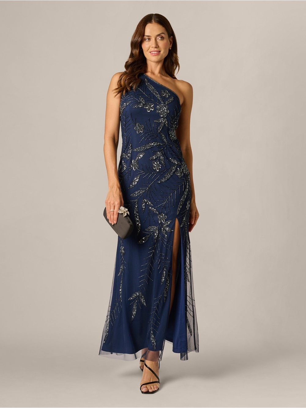 Adrianna Papell Size 12 NWT Light Navy One Shoulder Floral Sequin Bead Gown GALA